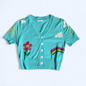 Turquoise lightweight Cardigan with Floral and Rainbow Design